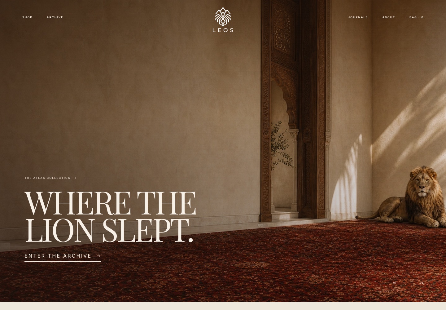 Carpetso LEOS rug storefront showing a lion beside a Moroccan rug