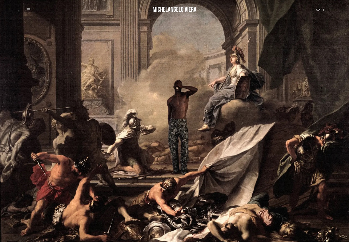 Michelangelo Viera storefront with a fashion model against a classical painting